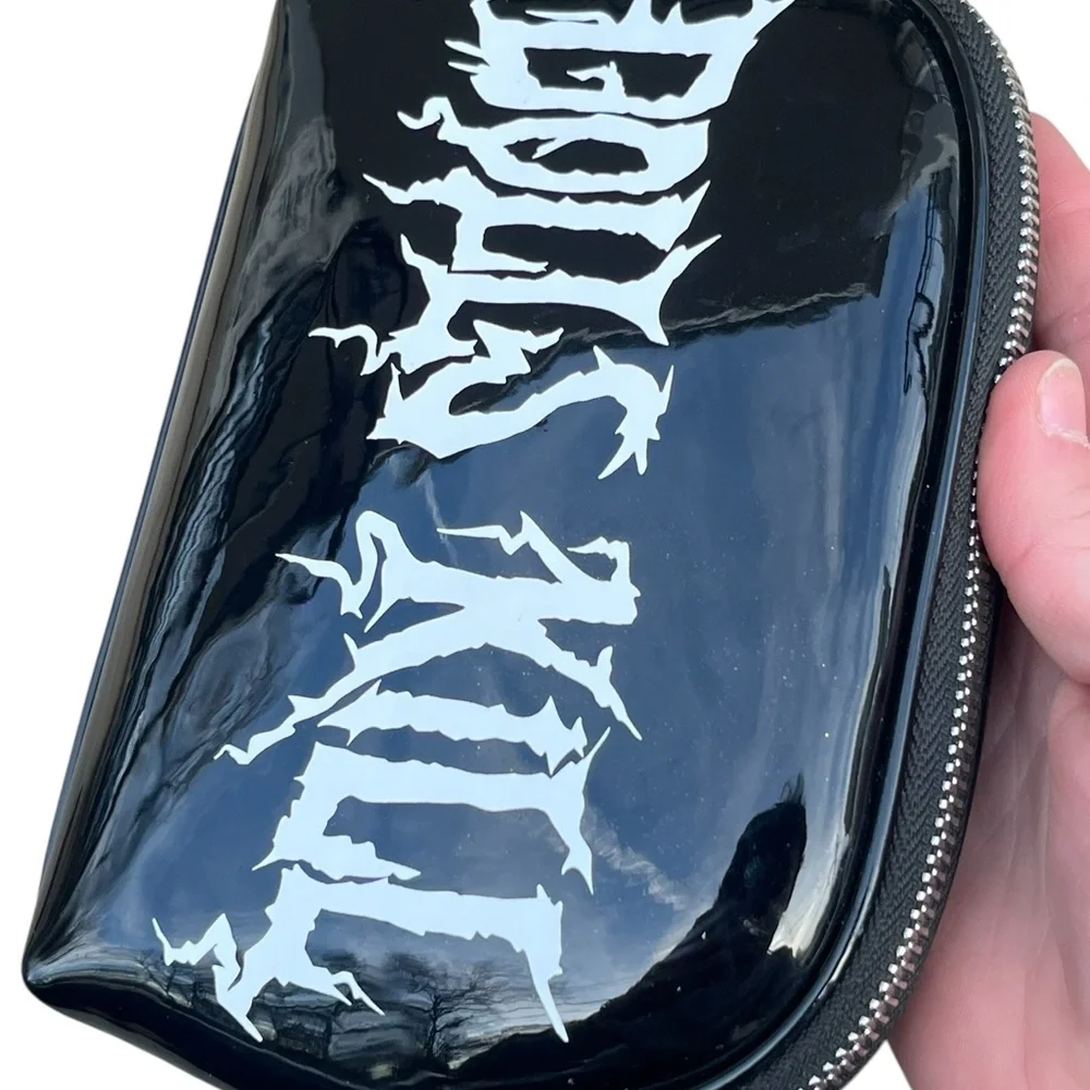Dolls Kill Pouch Cosmetic Make Up Travel Bag in Black Vegan Leather Spellout